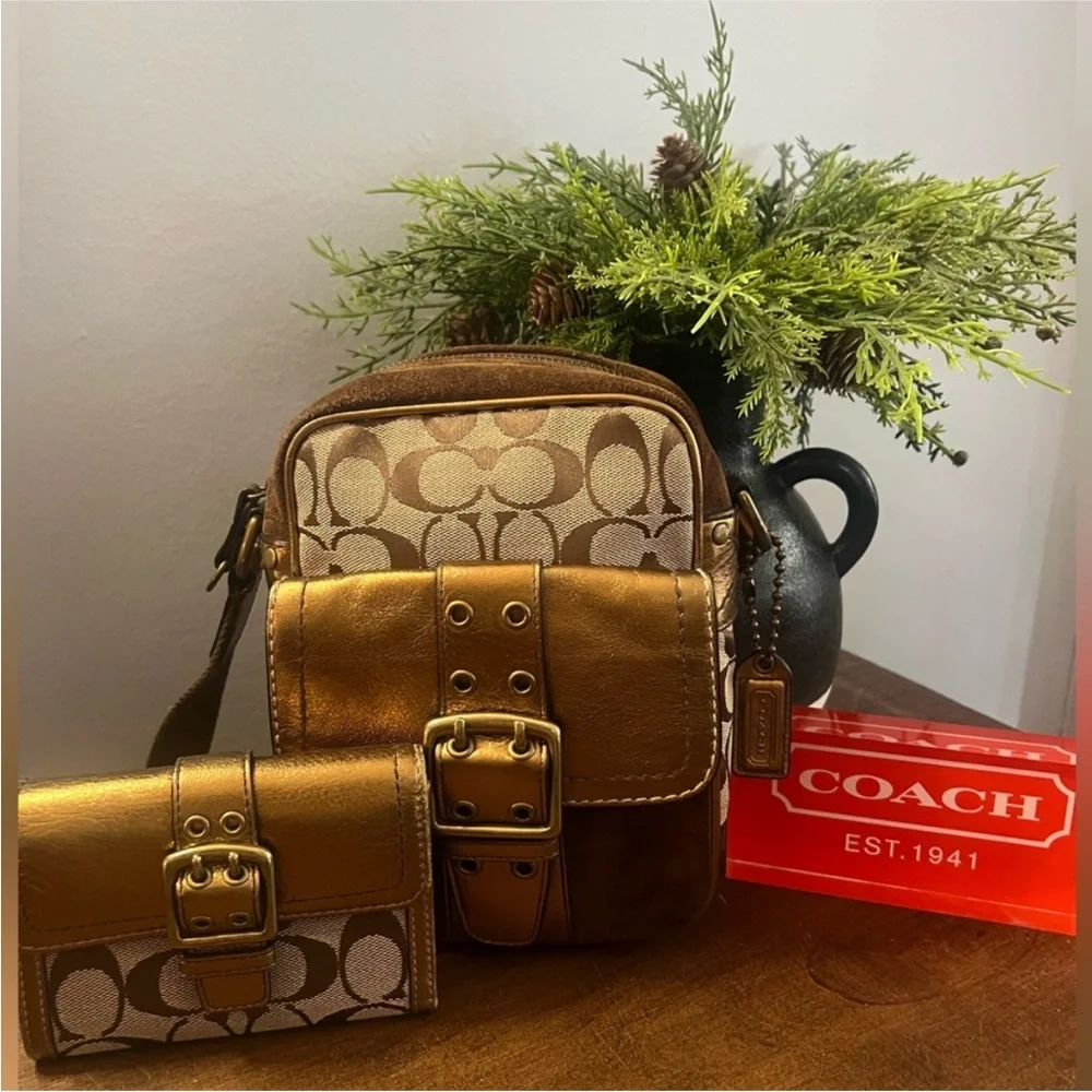 Coach Gold Monogram Metallic Trim Signature Crossbody and Small Wallet Set - Picture 3 of 17